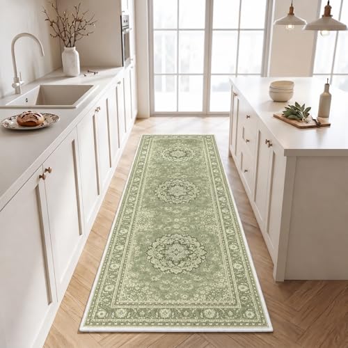 Boho 2x6 Hallway Runner Rug Indoor Machine Washable Vintage Area Rug with Non-Slip Backing Moroccan Runner for Entryway, Hallway, Kitchen, Bedroom, Bathroom, Laundry, Door Entrance Mat Carpet Decor - color: Green, size: 2' x 6' (Rectangular)