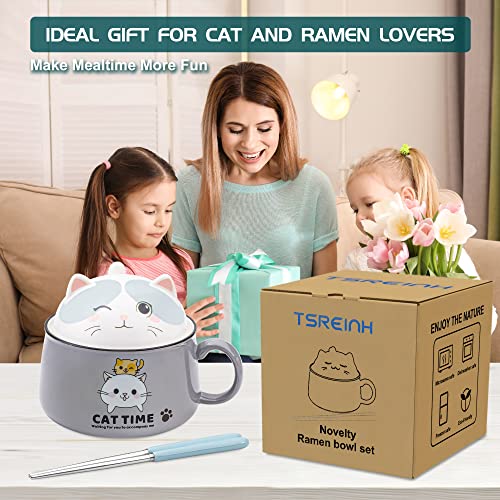 Ramen Bowl Set with Chopsticks, Cute Cat Instant Ramen Noodle Bowls with Lid, 34.5 OZ Extra Large Ceramic Soup Bowls with Handle, Japanese Ramen Cooker, Microwave safe (Gray) - color: Gray