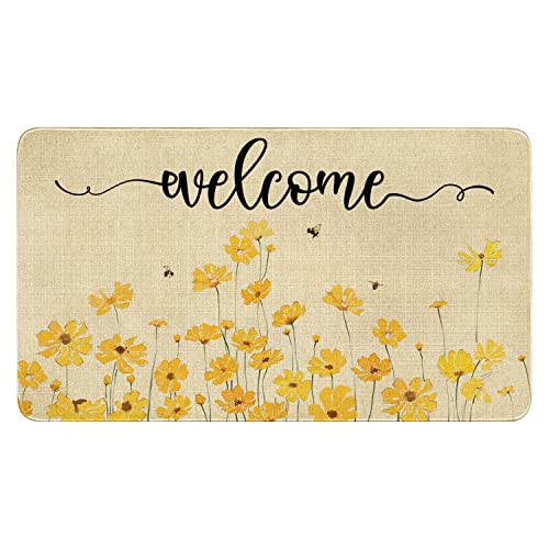 Spring Door Mat,Yellow Flower Floral Bee Indoor Outdoor Non-Slip Doormat,Entryway Front Porch Spring Summer Welcome Door Mat for Entrance Decor,30" x 17" - color: Yellow Floral