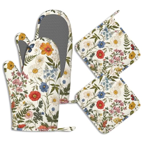 Wildflowers Butterfly Pot Holders and Oven Mitts Set Silicone Tropical Herbs Kitchen Gloves Potholders Heat Resistant Washable,Chef Cooking Baking Gifts for Women Men Bakers Lover Cooks - color: Wildflowers Butterfly,tropical Herbs