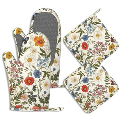 Wildflowers Butterfly Pot Holders and Oven Mitts Set Silicone Tropical Herbs Kitchen Gloves Potholders Heat Resistant Washable,Chef Cooking Baking Gifts for Women Men Bakers Lover Cooks - color: Wildflowers Butterfly,tropical Herbs