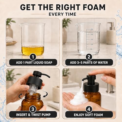 2 Pcs Amber Glass Foaming Soap Dispenser with Pump, 8.5 oz Bottles | Refillable Soap Dispensers for Hand Wash, Dish Liquid, Shampoo, Gel - Rich Foam with Every Press, for Bathrooms and Kitchens