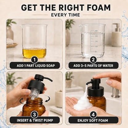2 Pcs Amber Glass Foaming Soap Dispenser with Pump, 8.5 oz Bottles | Refillable Soap Dispensers for Hand Wash, Dish Liquid, Shampoo, Gel - Rich Foam with Every Press, for Bathrooms and Kitchens