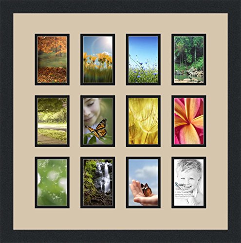 ArtToFrames Collage Photo Frame Double Mat with 12-3.25x4.75 Openings and Satin Black Frame - color: Grey Beige, size: 12 - 3.25x4.75