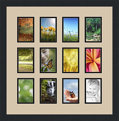 ArtToFrames Collage Photo Frame Double Mat with 12-3.25x4.75 Openings and Satin Black Frame - color: Grey Beige, size: 12 - 3.25x4.75