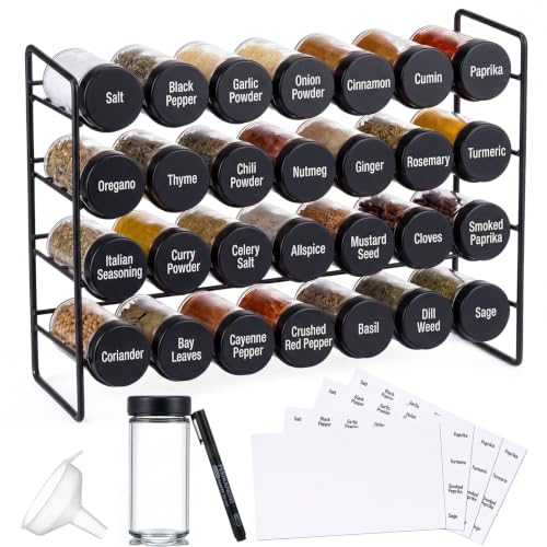 FoldTier Spice Rack Organizer with 28 Spice Glass Jars, 56 Labels, Funnel and Marker Set, Complete Countertop Seasoning Rack Organization for Cabinet, Kitchen Storage, Pantry, Cupboard(Black) - color: Black