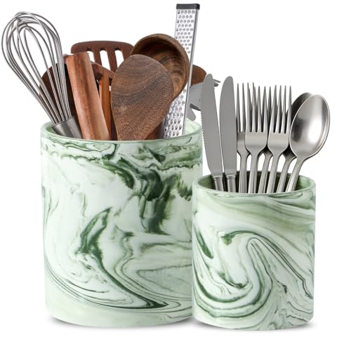 7"+5.3" Farmhouse Marble Utensil Holder, Large Kitchen Utensil Cooking Tools Holder Organizer , Marble Green Stable Utensil Crock Spatula Holder for Kitchen Countertop - color: Marble green, size: 7.2inch+5.3inch