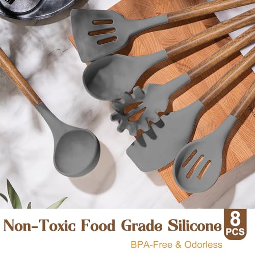 Umite Chef Silicone Cooking Utensil Set, 8-Piece Kitchen Utensils Set with Natural Acacia Wooden Handles,Food-Grade-Silicone Kitchen Gadgets and Spatula Set for Nonstick Cookware - Grey - color: Gray