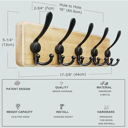 Coat Rack Wall Mounted - 5 Tri Hooks, Heavy Duty, Wooden Wall Coat Hanger Coat Hook for Clothes Hat Jacket Clothing, Natural & Black - color: Natural & Black, size: L=17.4"