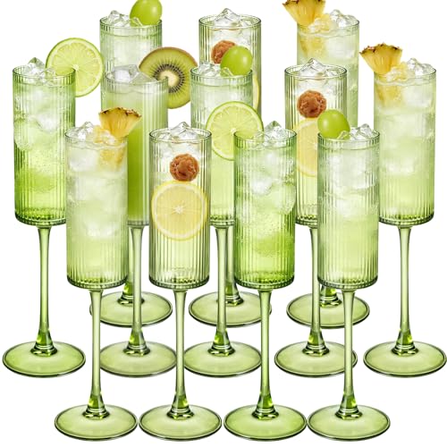 12Pieces Green Crystal Wine Glasses 6OZ Goblet Ribbed Champagne Flutes Mimosa Bar Toasting Glass Champagne Long Stem Vintage Drinking Colored Glasses for Birthday, Wedding, Cocktail Cups - color: Green, size: 12 PCS