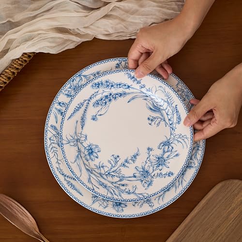 Bico Blue Garden Toile De Jouy Salad Plates Set of 4, 8.75 Inch Ceramic Dessert Plates for Salad, Appetizer, Side Dishes, Microwave and Dishwasher Safe, Gift for Housewarming and Thanksgiving - color: Blue Garden Toile De Jouy