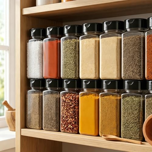 Bekith 16 Pack 9 oz Plastic Spice Jars with Black Cap, Plastic Spice Bottles Empty Seasoning Containers for Storing Spice, Herbs and Powders