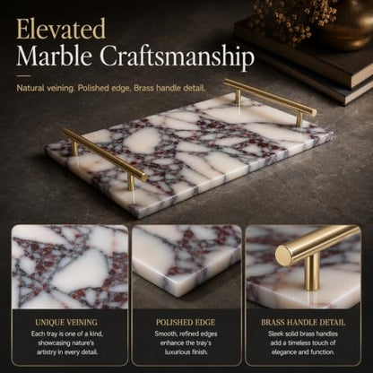 Calacatta Viola Marble Bathroom Tray with Gold Handles, Natural Stone Vanity Organizer for Towels and Essentials (with Handle 30x20cm) - color: With Handle 30x20cm