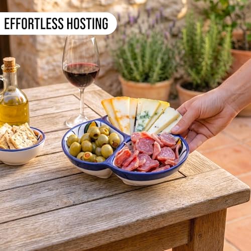 3-Compartment Ceramic Serving Dish, Handmade in Spain | 7.5” divided chip and dip bowl with lead-free glaze, microwave, oven and dishwasher safe, ideal for tapas, snacks and sauces - color: Fiesta Flower