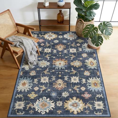 BLISSA Washable 3x5 Entryway Rug Non-Slip Denim Blue Oushak Print Door Mat | Ultra-Thin Oriental Distressed Soft Boho Vintage Bedside Throw Rug for Indoor Kitchen Bedroom Bathroom Dorm Nursery - color: Denim Blue Multi, size: 3' x 5' (Rectangular)