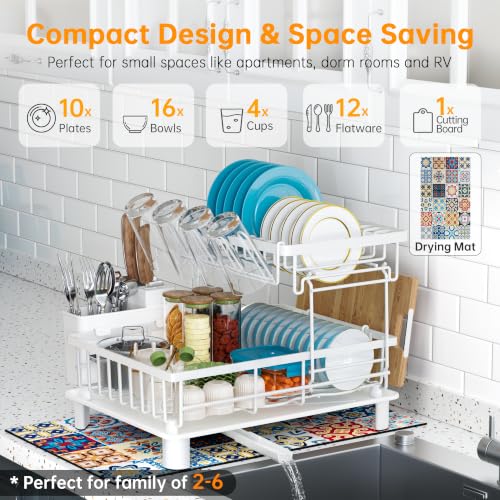 Large 2 Tier Detachable Dish Drying Rack for Kitchen Counter,White | Compact Dish Drainer, Rust-Resistant Dish Rack with Drainboard, Utensil Holder, Cup Holder for Small Space,Kitchen Organizer - color: 2 Tier-white