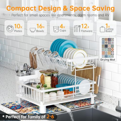 Large 2 Tier Detachable Dish Drying Rack for Kitchen Counter,White | Compact Dish Drainer, Rust-Resistant Dish Rack with Drainboard, Utensil Holder, Cup Holder for Small Space,Kitchen Organizer - color: 2 Tier-white