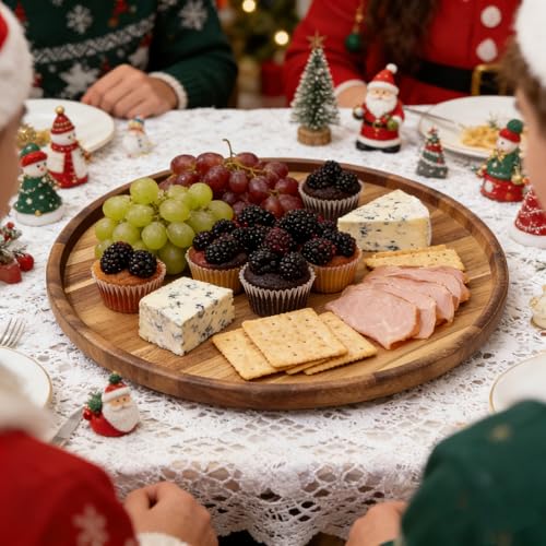 Utoplike Large Acacia Serving Tray, Rotating Lazy Susan Table Top 17.7'' | Round Wood Charcuterie Board, with Raised Edge, Removable Dividers for Cheese, Snacks, for Dining Tables, Kitchen Counters - size: 17.7''