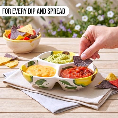 3-Compartment Ceramic Serving Dish, Handmade in Spain | 7.5” divided chip and dip bowl with lead-free glaze, microwave, oven and dishwasher safe, ideal for tapas, snacks and sauces - color: Rustic Avocado
