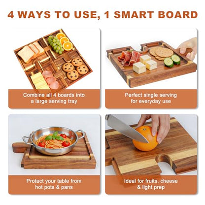 Wooden Charcuterie Boards Set of 4, Puzzle Serving Trays with Stand | Made from acacia wood,4-piece interlocking design,portable,18 inch ideal for charcuterie,snacks,appetizers,party & gatherings - size: 11.8" x 9" x 1"
