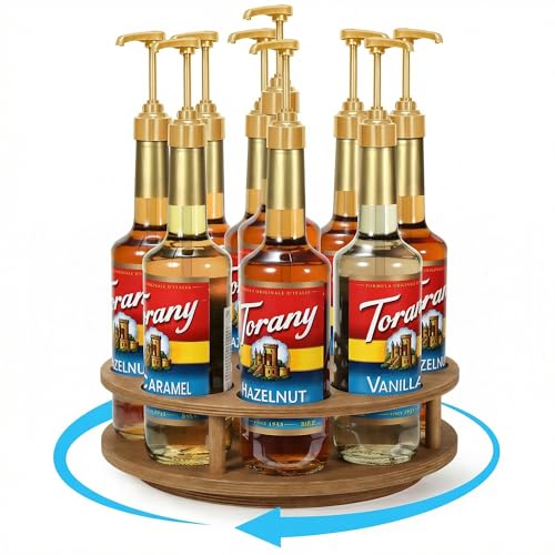 THYGIFTREE Rotating Coffee Syrup Organizer for Countertop, 9-Bottle Wooden Syrup Rack & Bottle Holder for Coffee Bar Station, Turntable Display Stand, Brown - color: Brown, size: 9 Bottles