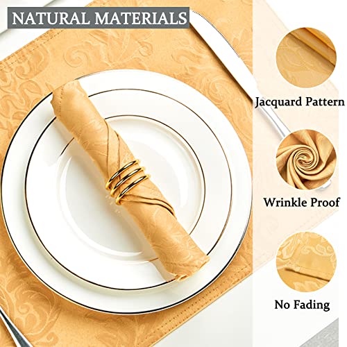 Gold Jacquard 17x17 Square Polyester Cloth Napkins Set of 8 | Waterproof, Stain Resistant, Shrink Proof, Washable, fabric, Outdoor, Dining, Wedding, Kitchen, Party, Banquet, Reusable - color: Gold