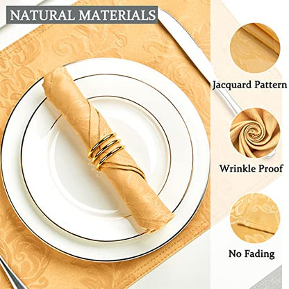 Gold Jacquard 17x17 Square Polyester Cloth Napkins Set of 8 | Waterproof, Stain Resistant, Shrink Proof, Washable, fabric, Outdoor, Dining, Wedding, Kitchen, Party, Banquet, Reusable - color: Gold