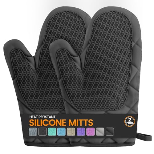 Silicone Oven Mitts, Heat Resistant 2PCS Oven Mitts with Soft Cotton Lining, Waterproof Non-Slip Grip Oven Glove, Kitchen Potholder Mits for BBQ, Baking, Cooking, 10.5Inch - Dark Black - color: Dark Black