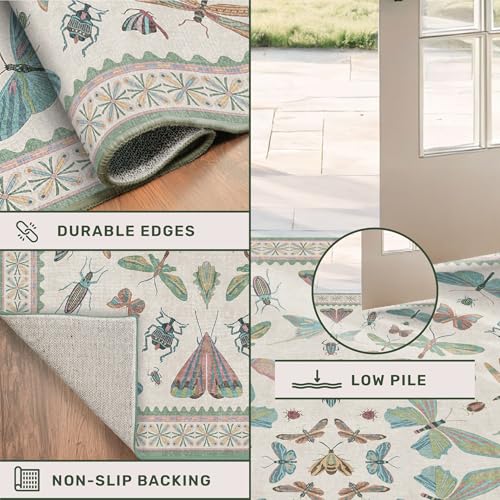 Washable Non Slip Bathroom Runner Rug 2x5, Insect Boho Bath Mat, Stain Resistant Low Pile Butterfly Insect Print Rugs for Laundry Room, Powder Room, Beige Green - color: Beige Green, size: 2' x 5' (Runner)