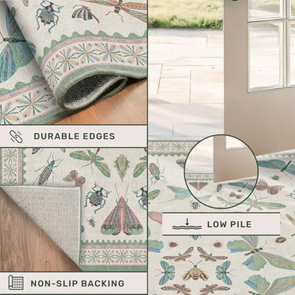 Washable Non Slip Bathroom Runner Rug 2x5, Insect Boho Bath Mat, Stain Resistant Low Pile Butterfly Insect Print Rugs for Laundry Room, Powder Room, Beige Green - color: Beige Green, size: 2' x 5' (Runner)