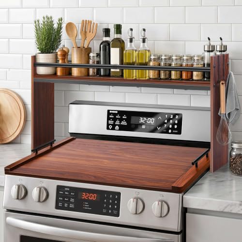 Noodle Board Stove Cover and Over the Stove Spice Rack Combo Set | Expands Countertop Space, Stove Top Cover Used as Serving Tray, Sink Cover, Spice Shelf with 4 Hooks, Farmhouse Decor, Walnut - color: Set - Walnut