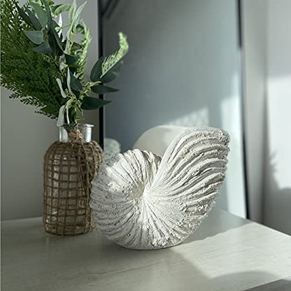 Large Nautilus Shell Sculpture, White Seashell Beach Decor | Rustic white polyresin nautilus replica; 9.8 x 5.9 x 7.9 in; coastal shelf, tabletop, ocean-theme decor; gift boxed