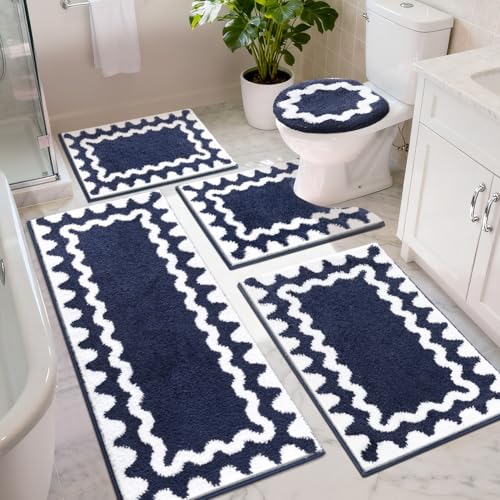 Findosom Bathroom Rugs Sets 3 Piece, Absorbent Soft Non-Slip Bath Rug Set | Washable Microfiber Shaggy Scalloped Bath Mat Set with Bathroom Runner Rug, U-Shaped Toilet Rugs, Shower Rug, Navy - color: Navy & White, size: 18"x26"+18"x48"+U 20"x24"