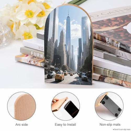 Personalized Wood Book Ends Metal Base Urban Skyscraper Street Printing Bookend Modern Heavy Duty Bookends for Home Or Office 1 Pair - color: Urban Skyscraper Street