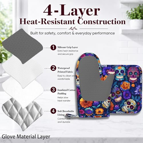 Day of The Dead Oven Mitt and Pot Holder with Silicone Heat Resistant Kitchen for Cooking BBQ Baking Grilling Cooking Protection - color: Day of the Dead