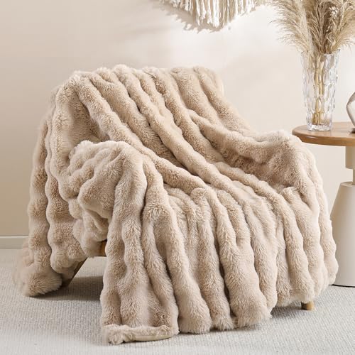 Faux Rabbit Fur Throw for Couch - Linen Bubble Blanket 60"x80" | Fluffy Plush Fuzzy Throw for Sofa & Bed, Super Soft Cozy Comfrt Blanket, Luxury Aesthetic Linen Decor Gift for Women - color: Linen, size: Twin(60" x 80")