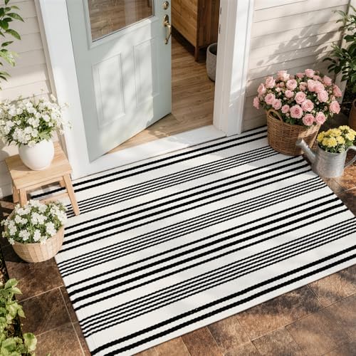Front Door Rug 27.5"x43" Black and White Striped Outdoor Porch Rugs | Machine Washable Welcome Mat Cotton Woven Entryway Rug Front Door Mats for Porch/Farmhouse/Kitchen/Outside Entrance Decor - color: White/Black Stripe, size: 2'4" x 3'7" (Rectangular)