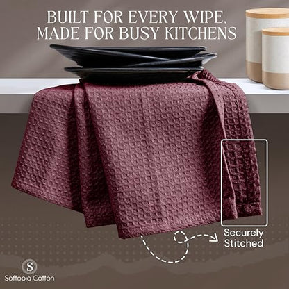 Burgundy Waffle Kitchen Dish Towels, 100% Cotton, Quick Dry, Super Absorbent, Soft, 16x26 Inches – Ideal for Dish Drying, Bar, Hand Wipe, Cleaning, and Everyday Use, 12 Pack, Maroon