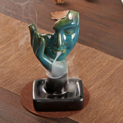 Half Face of Women in Hands Statue Backflow Incense Holder,Waterfall Incense Burner Holder for Sticks Cones Home Office Yoga AI024 - color: Face Statue