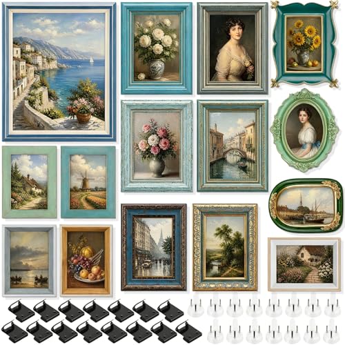 Kathfly 15 Pack Vintage Picture Frames for Wall, Tabletop Display Ornate French Country Frames Vintage Farmhouse Decor Antique Wall Frame Set for Gallery Bedroom Living Room Decor (Blue-green Family) - style: Blue-green Family