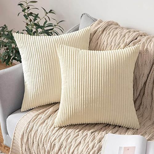 18x18 Throw Pillow Covers Pack of 2, Soft Corduroy Striped Boho Throw Pillow Covers,Cushion Case,Decorative Pillow Covers for Living Room Home Decor Cushion Farmhouse - color: Beige