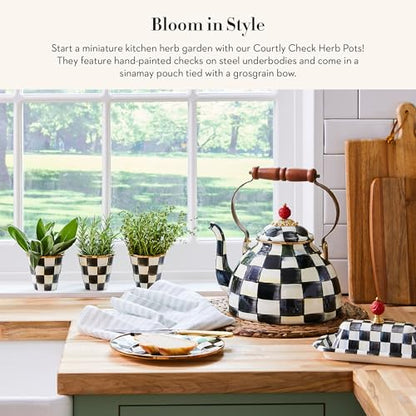 MACKENZIE-CHILDS Enamel Herb Pot Set, Small, Black-and-White Courtly Check | Hand-painted design, small plant pots for herbs or flowers, 8-ounce capacity per pot, set of 3 - color: Courtly Check