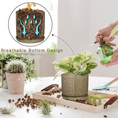 Oairse Ceramic Pots for Indoor Plants, 6.1 +4.9 inch Pots for Plants Set of 2 Brown Plant Pots with Drainage Holes and Saucers Texture Ceramic Planters Indoor Outdoor Flower Pot for Succulent - style: Round Shaped