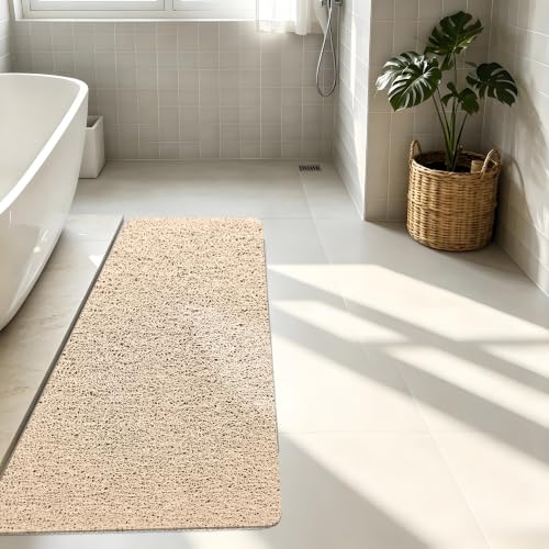 Non-Slip PVC Loofah Bath Mat, 19.6"x47"Inch Quick Dry Shower Mat with Efficient Drainage, Soft Comfortable Bathroom Mat for Wet Areas, Beige Bathtub Mat, Machine Washable - color: Beige, size: 47" x 19.6" (Rectangular)