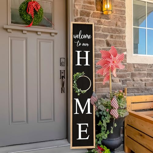 Welcome To Our Home Sign for Front Door, 45"X9", Wood | Front Porch Standing, Outdoor Vertical Plaque Large Home Door Wreathes Wood Rustic Farmhouse Yard Entrance Outside Decor - color: Welcome toour Home Sign (Wood Black), size: 45"X9"