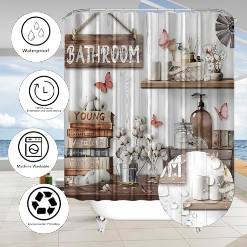 DDQQ 4Pcs Shower Curtain Sets, Farmhouse Style Bathroom Curtains Shower Set, Cupboard Bathroom Decor Sets, Shower Curtain with Rugs, Toilet Lid Cover, Bath Mat and 12 Hooks, 71 x 71 in - color: Cream
