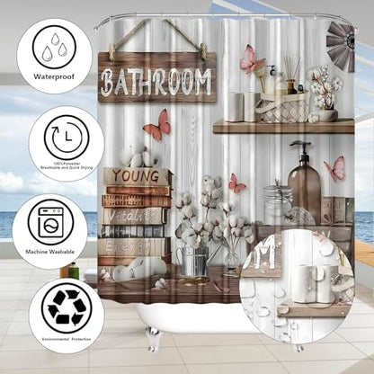 DDQQ 4Pcs Shower Curtain Sets, Farmhouse Style Bathroom Curtains Shower Set, Cupboard Bathroom Decor Sets, Shower Curtain with Rugs, Toilet Lid Cover, Bath Mat and 12 Hooks, 71 x 71 in - color: Cream