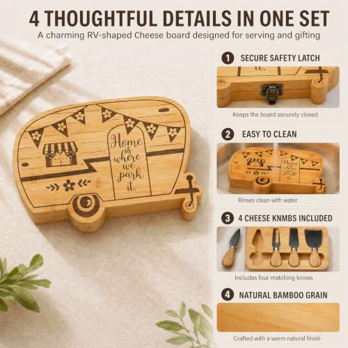 Foldable RV Charcuterie Boards Gift Set for Serving with Utensils | Happy Camper Bamboo Cutting Board, House Warming Gifts New Home, Wedding, Birthday & Bridal Shower Gifts for Women Couples - size: 11.7''L x 7.9''W