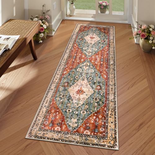 Lahome Felice Boho Tribal 2x6 Washable Runners for Hallways Non Slip, Bohemian Kitchen Mats for Floor, Vintage Bathroom Entryway Carpet Runner for Laundry Living Bedroom (Rust/Dull Teal,2x6ft) - color: Geometric Tribal, size: 2' x 6' (Runner)