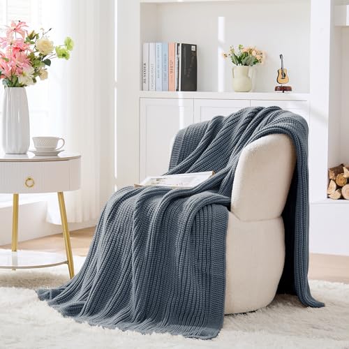 Chunky Knit Dusty Blue Throw Blanket for Couch 60"x80" | Soft Cozy Lightweight Ribbed Fisherman-Knit Blanket,All-Season Warmth Cute Decorative Throw for Sofa Bed Living Room - color: Dusty Blue, size: 60"x 80"